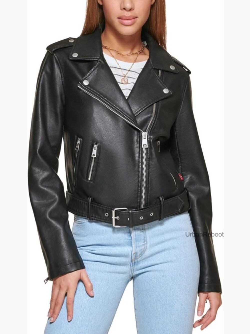 Belted Faux Leather Moto Jacket - Plus Size